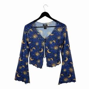 Cosmic Aura Crop Top Shrug Size S Blue Yellow Celestial Sun Moon Whimsigoth
